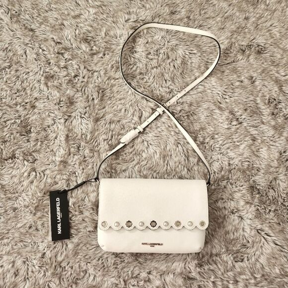 Karl Lagerfeld Paris Elsa Scalloped Flap Pearl Detail Crossbody Bag in Ivory - Picture 1 of 12